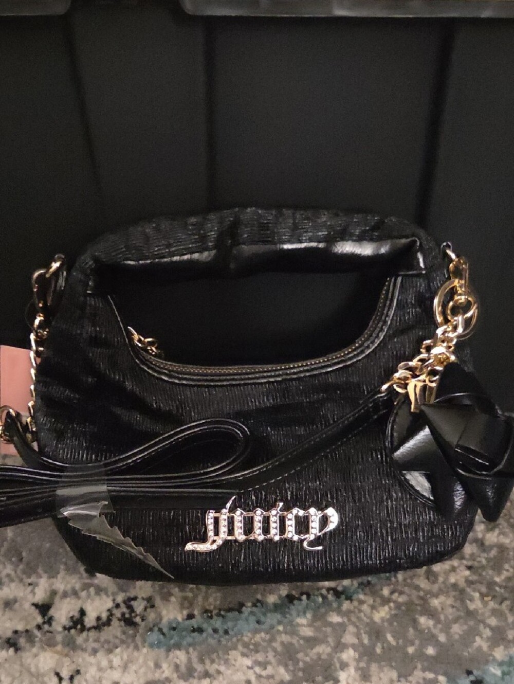 Juicy Couture Black Velvet-Textured Shoulder/hand Bag with Gold Accents